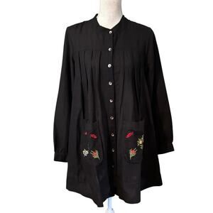 April Cornell Size XXS Artist Smock Embroidered Button Front Black Oversized Fit